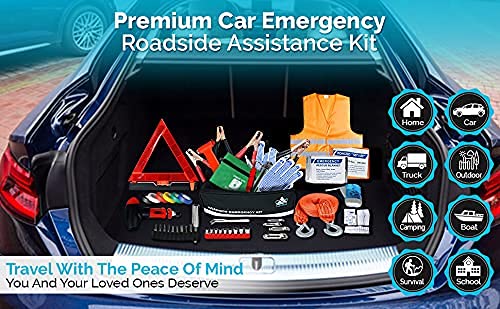 Inex Life Car Emergency Roadside Assistance Kit 43 Pieces - First Aid Kit, Premium Jumper Cables, Reflective Safety Triangle, Tow Strap, Tools, Warning Vest (Black) #TOP6