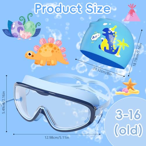 Image of PROBEROS Swimming Goggles and Cap Set for Kids, Anti Fog, Dinosaur Blue | Fog Control for Clear Views, Silicone Seal for a Comfortable Fit, Soft Silicone Cap, Large Frame, Pool Practice for Beginners
