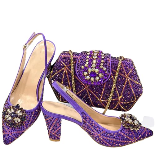 Wjnvfioo Juego de zapatos y bolso de fiesta de tacón para mujer nigeriana, con diamantes de imitación, para boda, fiesta, color morado, talla 38