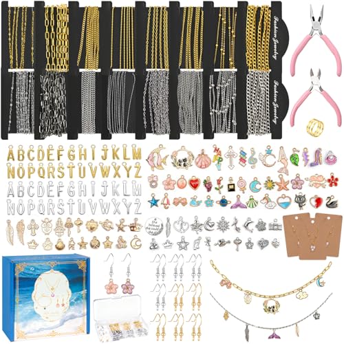 18K Gold Silver Necklace Chains for Jewelry Making - 79FT 16 Rolls Bracelet Chains with Charms - Letter Pendants Jump Rings Lobster Clasps Pliers and Accessories for DIY Jewelry Crafting Gifts