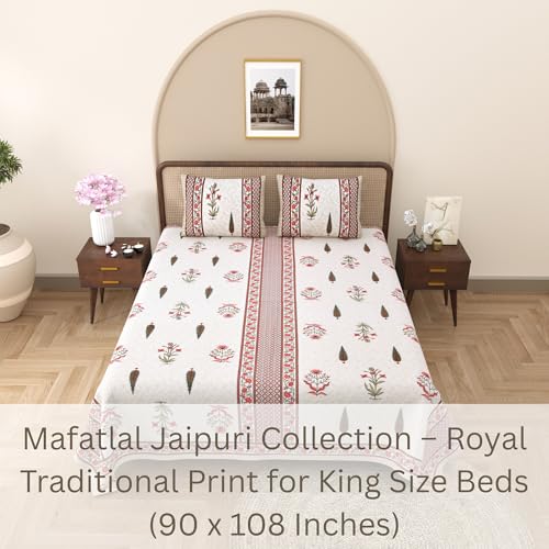 Image of Mafatlal 144 TC Jaipuri Cotton King Bedsheet | 90 x 108 Inches | Traditional Design | Smooth, Long-Lasting & Soft | 2 Pillow Covers | Pastel Pink