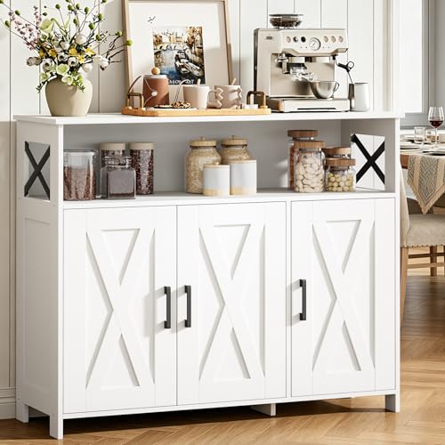 Image of Homhedy Farmhouse Coffee Bar Cabinet, Buffet Cabinet with Storage, Kitchen Buffet Cabinet, Sideboard with Adjustable Shelves for Dining Room, Kitchen, Living Room, Entryway, White