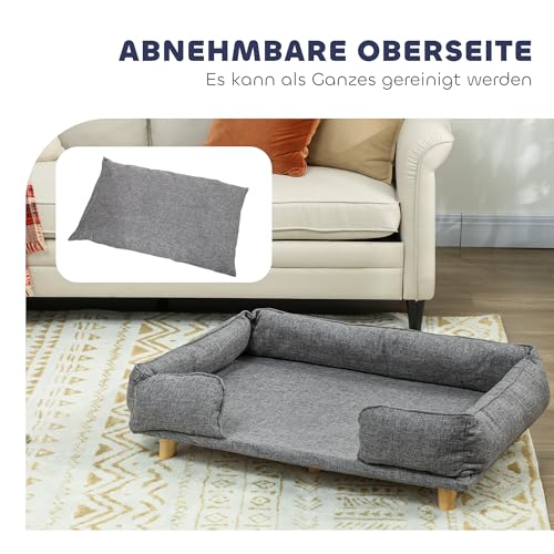 PawHut Hundesofa Hundecouch mit Rückenlehne, Holzbeine Hundebett mit Polyester Haustiersofa Katzensofa für große Hunde bis zu 30 kg und 60 cm Schulterhöhe, 96 x 66 x 24 cm Dunkelgrau