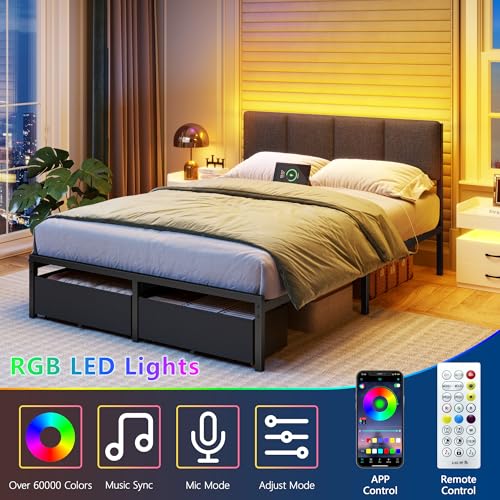 Image of Furnulem Full Size Bed Frame with Headboard, Upholstered Full Bed Frame with LED Light, USB Charging Station, Platform Bedframe with 2 Fabric Underbed Storage Drawers, No Spring Box Needed