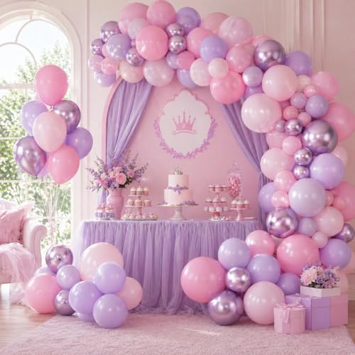 Image of Pastel Pink Purple Balloons, 12 Inch Pearl Light Pink Metallic Purple Iridescent Party Balloons for Girls Women Bridal Baby Shower Wedding Disco Princess Mermaid Butterfly Fairy Birthday Party Decor