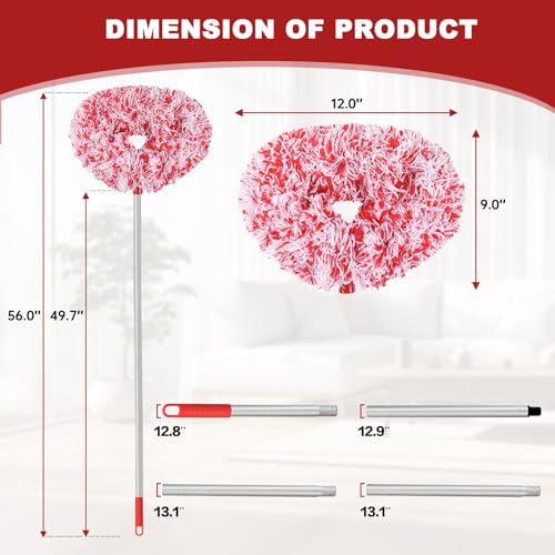 Heonay Ceiling Fan Cleaner Duster Reusable Microfiber Ceiling Fan Blade Cleaner Removable Duster with Extension Pole Adjusts 13 to 49.7 Inch for Cleaning Walls Furniture Door Window Top (Red White)
