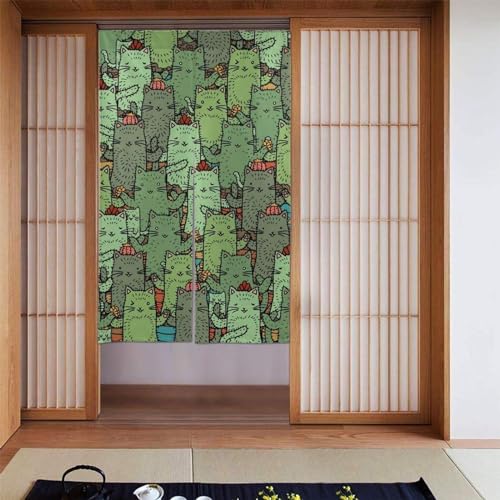 のれん おしゃれ 目隠し 暖簾 和風 サボテン 園 猫柄 玄関カーテン ロング 遮光 断熱防寒 間仕切り のれん 玄関 キッチン リビング 飲食店 出入り口 幅86cm×丈143cm