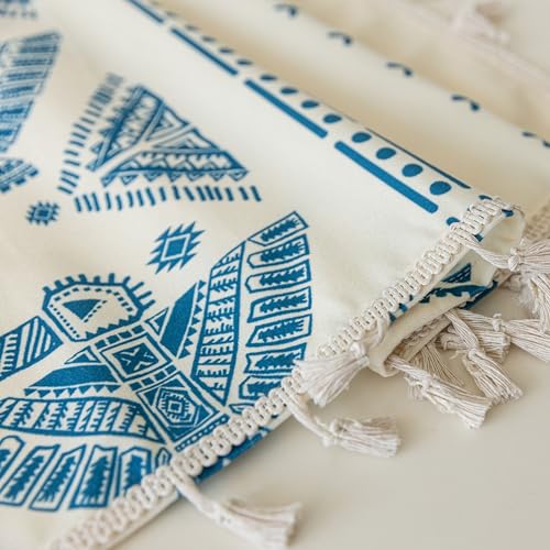 Image of Blue Geometric Curtains 96 Inches Long, Boho Farmhouse Light Filtering Rod Pocket Drapes with Tassel Trim for Bedroom Living Room, 2 Panels