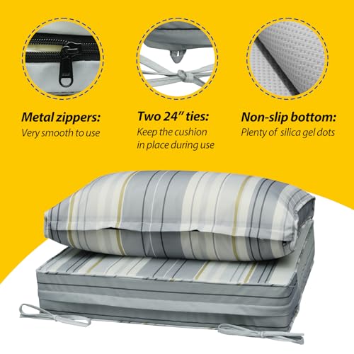 Image of AAAAAcessories Outdoor Seat Cushions for Chairs, Fade-Resistant, Waterproof Patio Furniture Replacement Cushions, 25.5 inch x 25.5 inch x 5 inch + 25.5 inch x 13.5 inch, Set of 2, Ash Blue Harbor Stripe