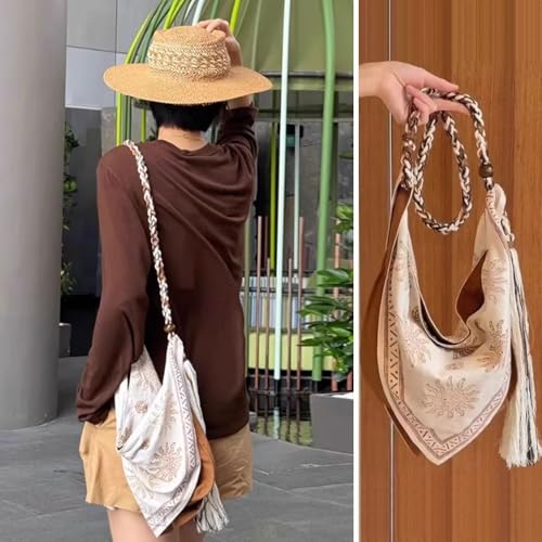 Bohemian Linen Crossbody Bag for Women，Casual Hobo Bags with Flower Patterns/Braided Tassel Shoulder Straps2