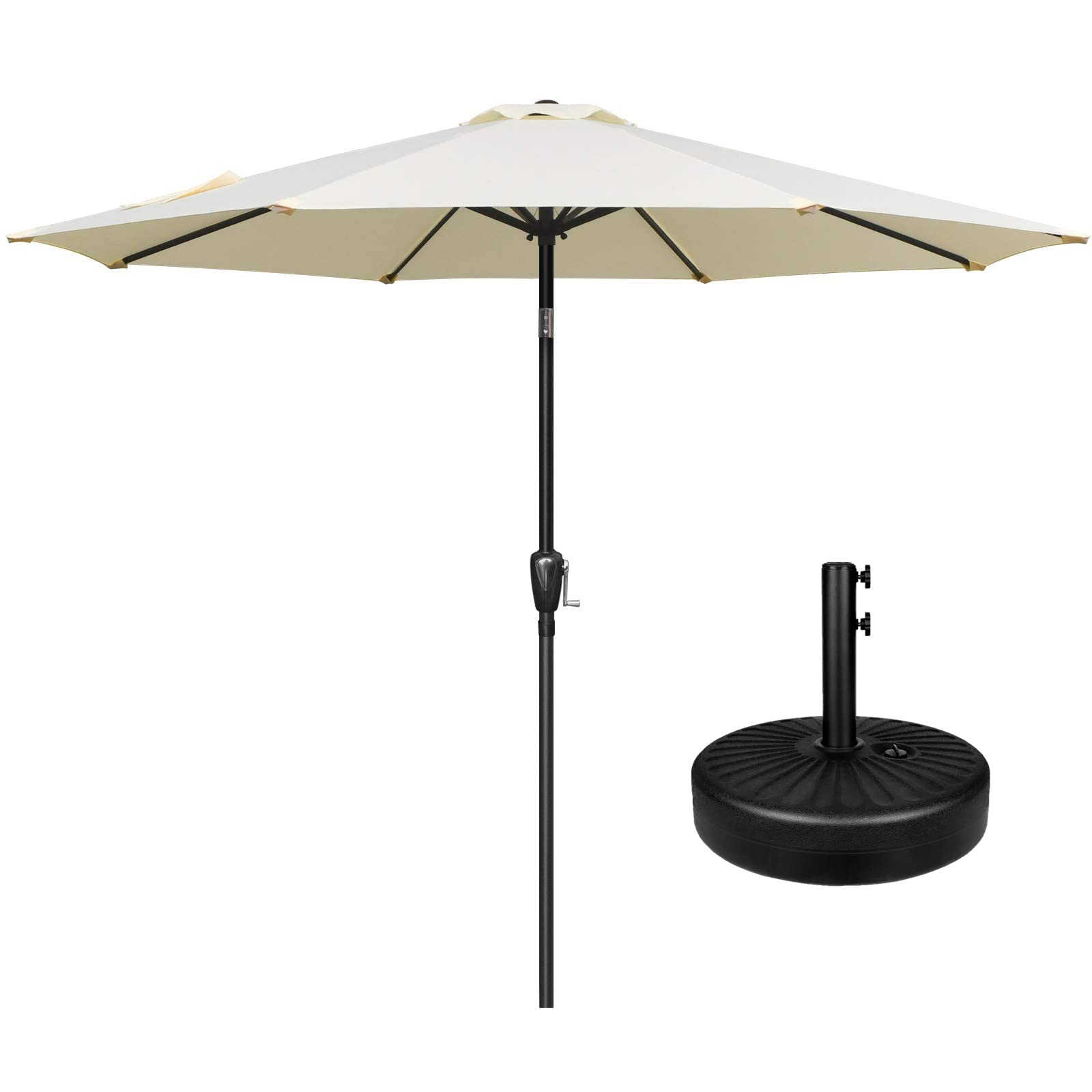 Simple Deluxe 9 FT Patio Umbrella with 20 Inch Heavy Duty Base Stand, Push Button Tilt/Crank 8 Sturdy Ribs, for Outdoor Market Table, Garden, Lawn, Backyard, Pool, New, Beige and Black