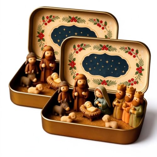 2PCS Mini Christmas Nativity Set in a Tin Box, Religious Christmas Scene - image 3