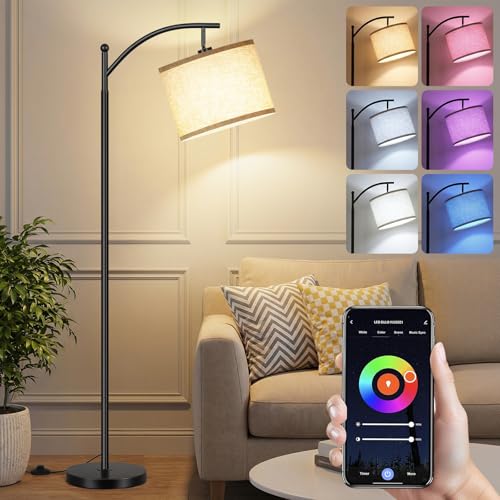 LANICHO Floor Lamp, LED Smart Light, Dimmable Standing Industrial Arc Lamp, Floor Lamps for Living Room, Bedrooms, Multiple Colors Reading Lamp Compatible with Alexa, Google Home, Black