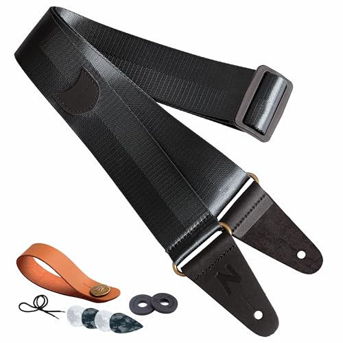 Correa para guitarra con bolsillo para púas, nailon vintage de grano completo con extremos de cuero para...