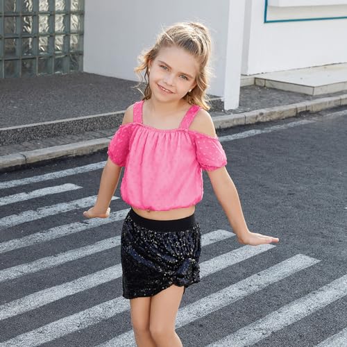 Image of Perfashion Girls Puff Short Sleeve Corp Tops Cold Shoulder Shirts swiss dot chiffon blouse for 4-13 Years