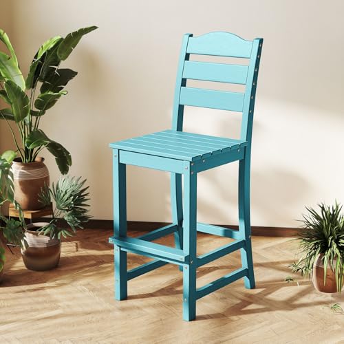 Image of Tangkula Patio HDPE Barstool, Outdoor High Top Bar Chair w /Backrest & Footrest, All-Weather Wood-Plastic Bar Height Chair for Poolside, Backyard, Porch (4, Turquoise)