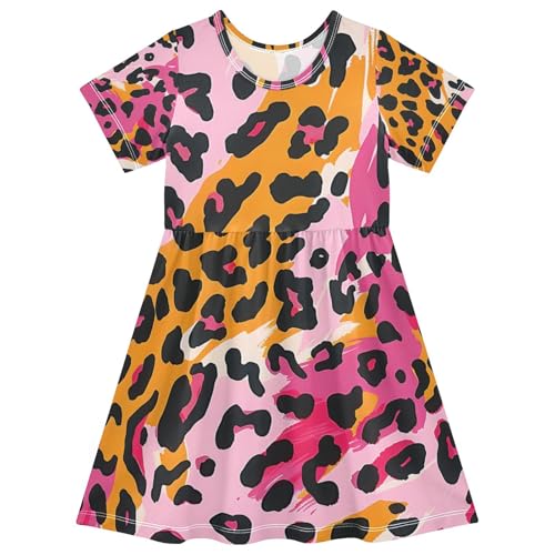 ALAZA Girls' Dresses Pink Yelliw Leopard Animal Print Short Sleeve Dresses