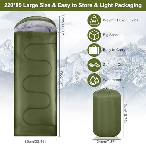 AQXONG Grüner Schlafsack, 220x85cm Wasserdichter Schlafsack mit Kompressionsbeutel, 3 Jahreszeiten Schlafsack 1.6kg, Tragbarer Schlafsack Geeignet für den Innen und Außenbereich, Tragbar und Leicht – Bild 3