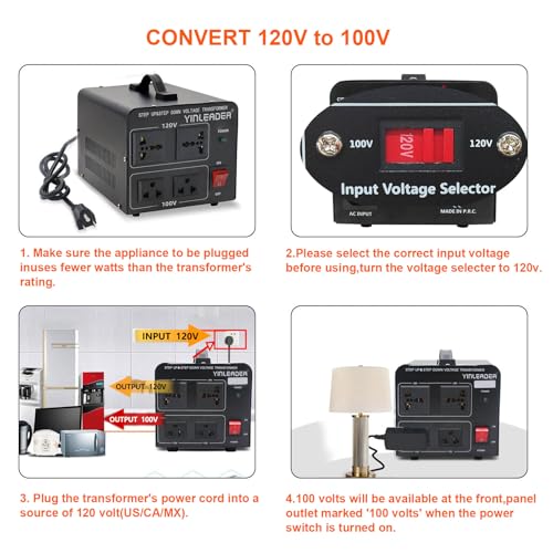 Image of Yinleader 1500W Japanese Voltage Converter - Step Down 120V to 100V or Step Up 100V to 120V, Includes US Power Cord for Medium-Power Appliances