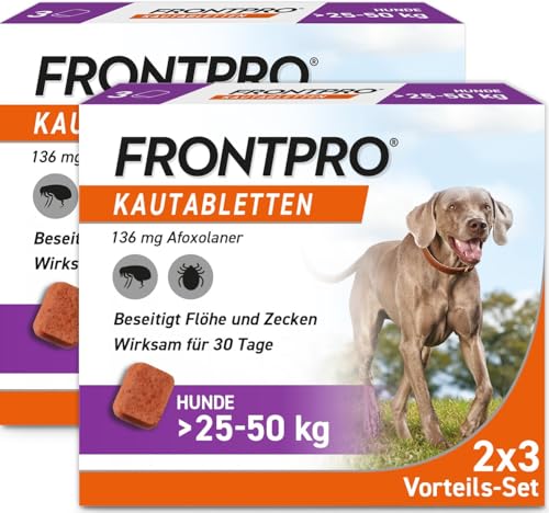 FRONTPRO Hund XL - Kautablette gegen Zecken & Flöhe (große Hunde 25 bis 50 kg) - 2x3 Kautabletten für 6 Monate Zecken- und Flohschutz