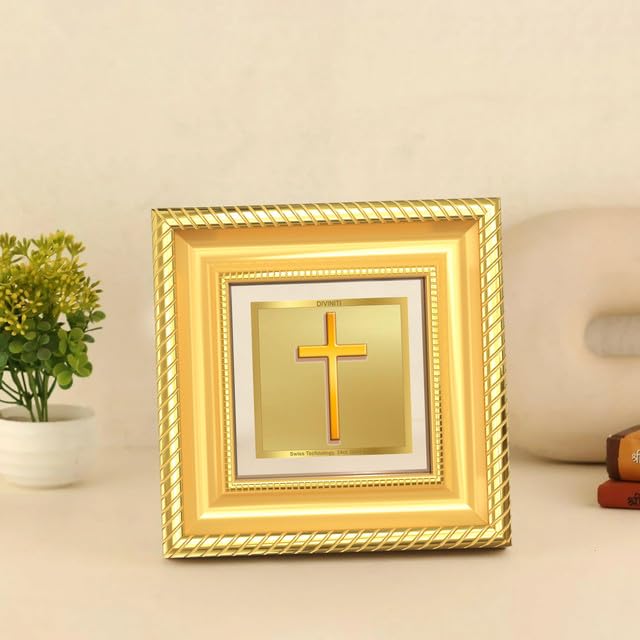 Image of DIVINITI Holy Cross 24K Gold Plated Foil Tabletop Photo Frame for Home Decor, Prayer Room, Luxury Gifting | DG Frame 015 S1A (10x10 CM)