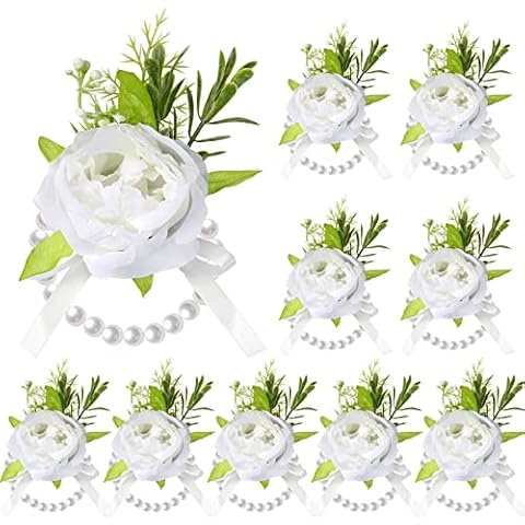 10 Pcs Ivory Rose Wrist Corsage Wristlet Band Prom Hand Flower Bride Wrist Corsage White Wedding Corsage Bracelet Bridesmaid Wristband for Women Homecoming Bridal Shower Accessories (Pearl Style) Cover