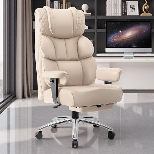 Image of BestGlory Office Desk Chair, Big and Tall Leather Gaming Chair with Footrest, Wide Ergonomic Comfy Executive High-Back Reclining Computer Chairs, Swivel Rolling Wheels and Padded Lumbar Support, Beige