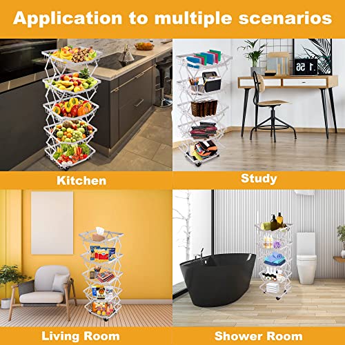 Fruit Basket For Kitchen, 5 Tier Folding Fruit And Vegetable Storage Basket Organizer With Rolling Wheels, Foldable Fruit Basket Metal Wire Basket For Kitchen, Bathroom, Living Room, Bedroom, White #TOP6