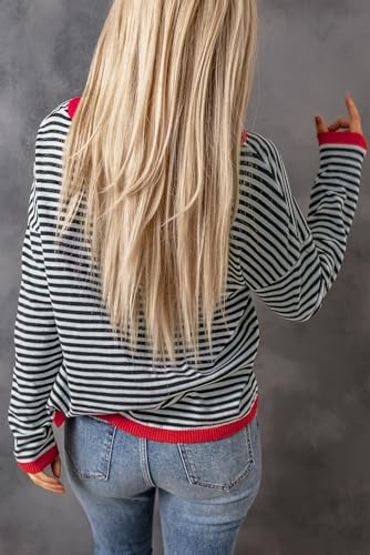 Image of Women's Striped Sweater Long Sleeve Crew Neck Ribbed Knit 2024 Fall Winter Pullover Sweater Tops