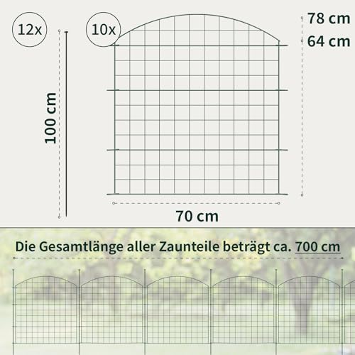 VERDOBA Teichzaun Gartenzaun Komplettset - Metall 10 Zaunelemente - Zaun für den Garten, Gitterzaun Set Oberbogen - für Hunde (10x Oberbogen, Grün - RAL 6005)
