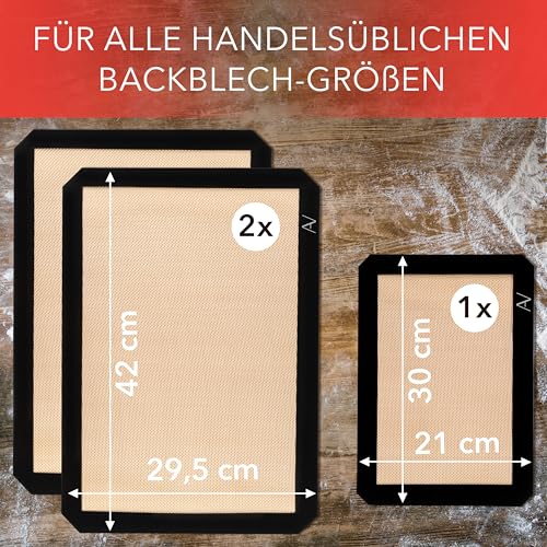 AVANA Backmatte aus Silikon (3er Set) Wiederverwendbare Backfolie Silikonmatte Antihaftbeschichtung Rutschfest Teigmatte Hitzebeständige Backunterlage