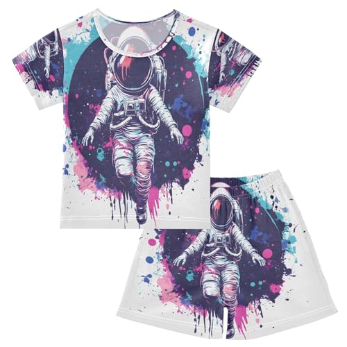 ALAZA Astronaut Space Watercolor Pajamas Set Short Sleeve Cotton Sleepwear Summer Pjs 2 Piece 5-14Y