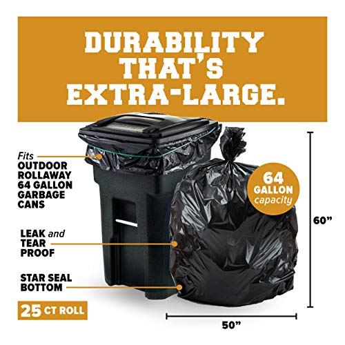 Plasticplace Black Trash Bags: 64-65 Gallon Trash Can Liners for Toter, Can Liners, 50” x 60” Garbage Bags, 1.2 Mil Heavy-Duty Roll, 25 Count Garbage Bag