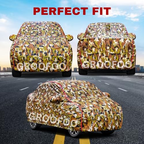 Image of GROOFOO Waterproof Car Body Cover with Mirror Pockets Compatible with Toyota Glanza | Triple Stitch Blue Piping Car Cover UV & Dust Proof All-Weather Protection, Adjustable Buckle (Army and Red)