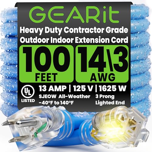 GEARit Outdoor 14 AWG Gauge 3 Prong Plug, Extension Cord, Ultra Heavy Duty SJEOW, 14/3, for Indoor/Outdoor, LED Lighted Plug, Resistant Rubber Jacket, Extreme Weather, 100 Feet, Blue