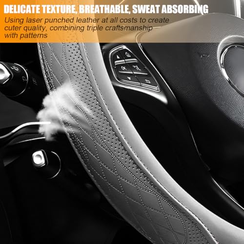 Zpana Car Steering Wheel Cover, 14.5-15\" Breathable Soft Leather Vehicle Steering Wheel Protector with Anti-Slip Lining, Comfortable Auto Interior Decoration Accessories, Universal Fit (Grey)