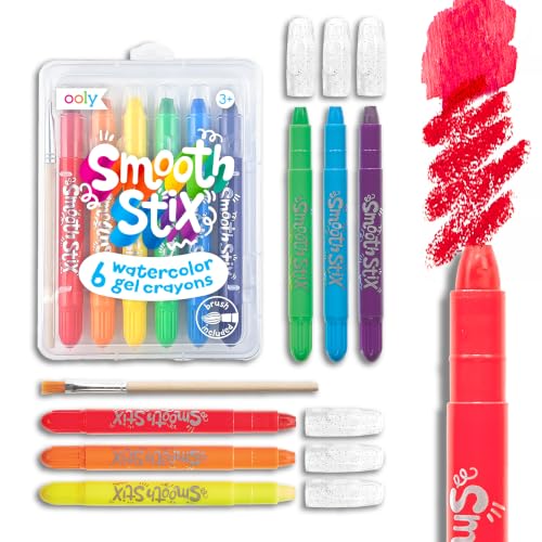 Image of Ooly Smooth Stix Watercolor Gel Crayons, Set of 6 | Ages 3+, Easy-Grip Twist-Up with Paint Brush and Case, Rainbow Watercolor Colors for Glass & Paper, Great for Kids and Adults