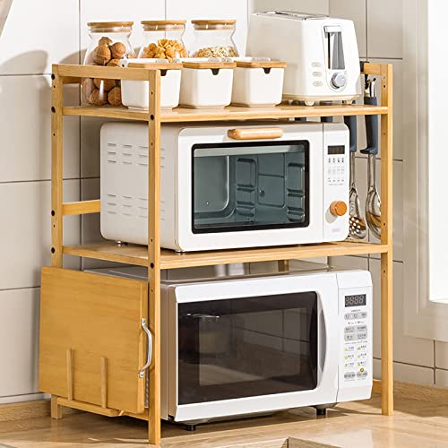 Vinteky Soporte Microondas de Madera, Estante para Horno de Microondas, Estante de Cocina de 3 Niveles con 4 Ganchos, Estantería Cocina Altura Ajustable