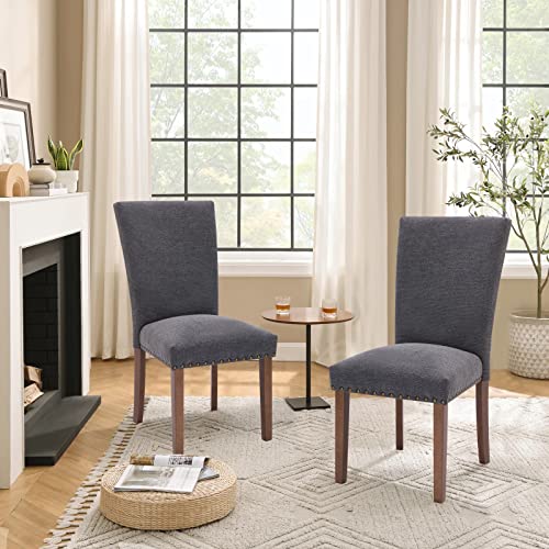Image of Parsons Dining Chairs Set of 4, Upholstered Nailhead Dining Room Kitchen Side Chair with Thick Cushions and Wood Legs, Dark Grey