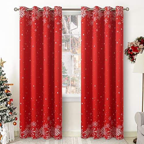 Bgment Red Christmas Curtains For Living Room, Grommet Christmas Decoration Window Blackout Curtains With Christmas Tree And Snowflake Print, 2 Panels, Each 52 X 84 Inch, Red #TOP21