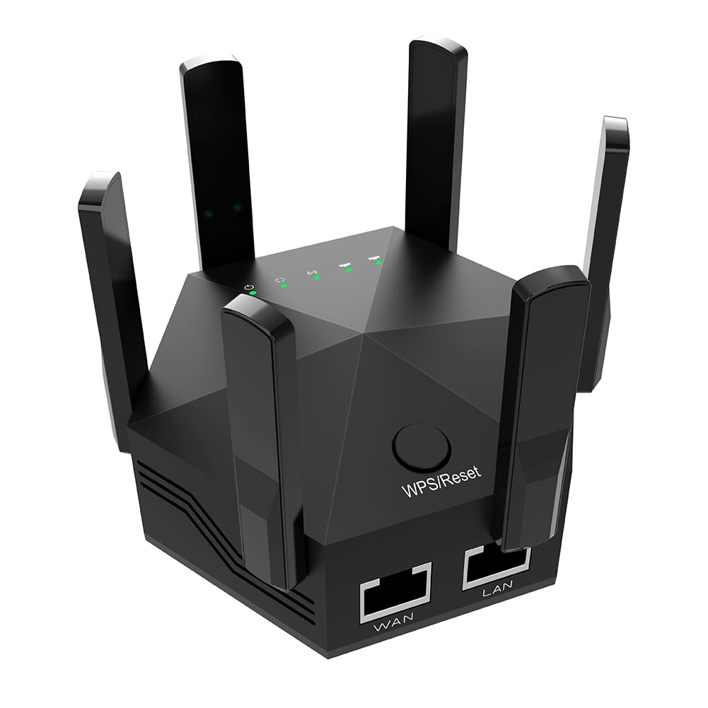 Wzmacniacz do Internetu WLAN, wzmacniacz sygnału z technologią podwójnego pasma (1200 Mbit/s) i 6 regulowanymi antenami do użytku wewnętrznego i domowego, czarny