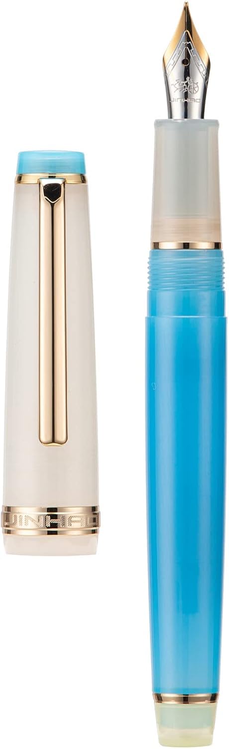 Jinhao 82 Fountain Pen, Golden Trim Bent Nib, White Blue with Converter — image 1