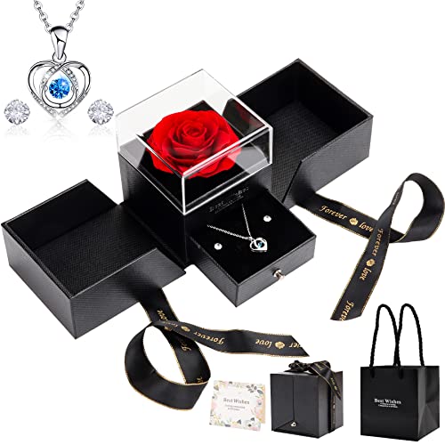 UUEMB Rosa Eterna, Caja de Regalo de Rosa Real Preservada con Collar de Corazón y Aretes, Regalo de Cumpleaños de Aniversario Dia de la Madre Dia de San Valentín para Mamá Novia Hermana y Mujeres