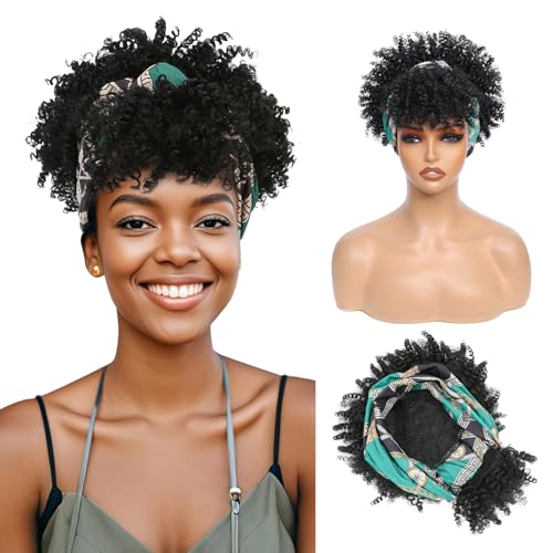 Geogroket Kinky Curly Wig with Bangs Short Afro Puff Wig Head Wrap 2 in 1 for Black Women Afro Wigs Head Wrap Wigs with Headband Black Kinky Curly Hair 4 Inch1B