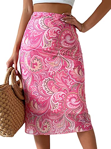 Soly Hux Women's High Waist Silk Satin Flared A Line Midi Skirt Pink Paisley Xs #TOP23