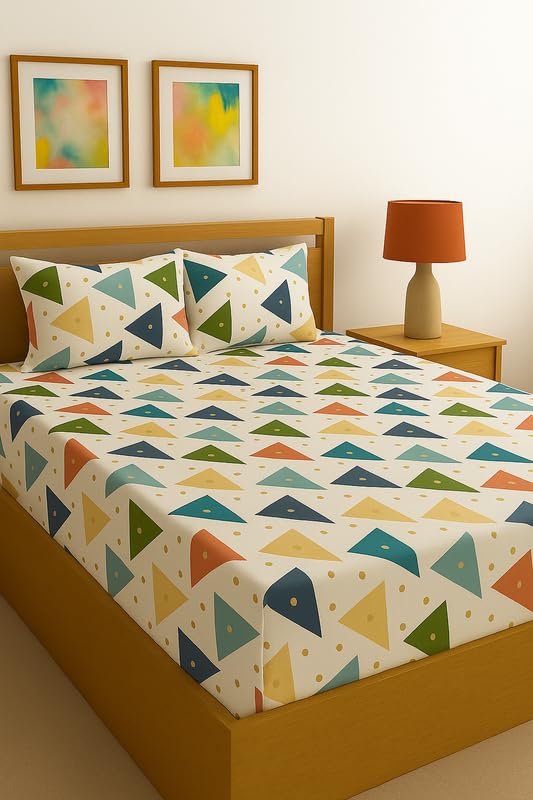 Image of Fitted Sheet Multicolor Geometric Triangle Print Glace Cotton 140 TC King Size (72x78 Inch) with 2 Pillow Covers (18x28 Inch) Deep Pocket up to 10 Inches - Soft & Comfortable