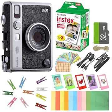 FUJIFILM Câmera instantânea híbrida INSTAX Mini EVO + filme Fuji Instax Pacote econômico (40 folhas) Pacote de acessórios de 32 GB, 5 molduras de mesa de plástico + 10 molduras de papel e 60 molduras