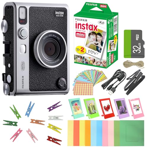 FUJIFILM INSTAX MINI EVO Hybrid Instant Camera + Fuji Instax Film Value Pack (20 Sheets) 32GB Accessories Bundle 5 Plastic Desk Frames + 10 Paper Frames Plus 60 Sticker Frames