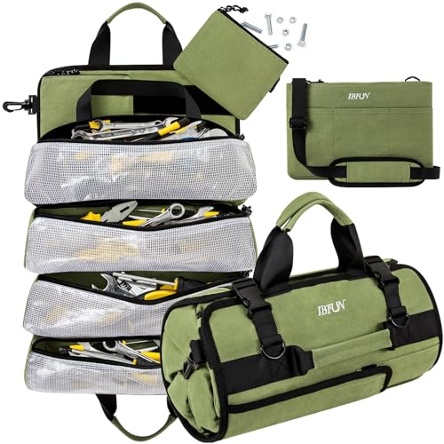 IBFUN Tool Bag Roll Up - Heavy Duty Tool Organizer Bag Portable Tool Storage Bags with Detachable Tool Pouches Gift For Men