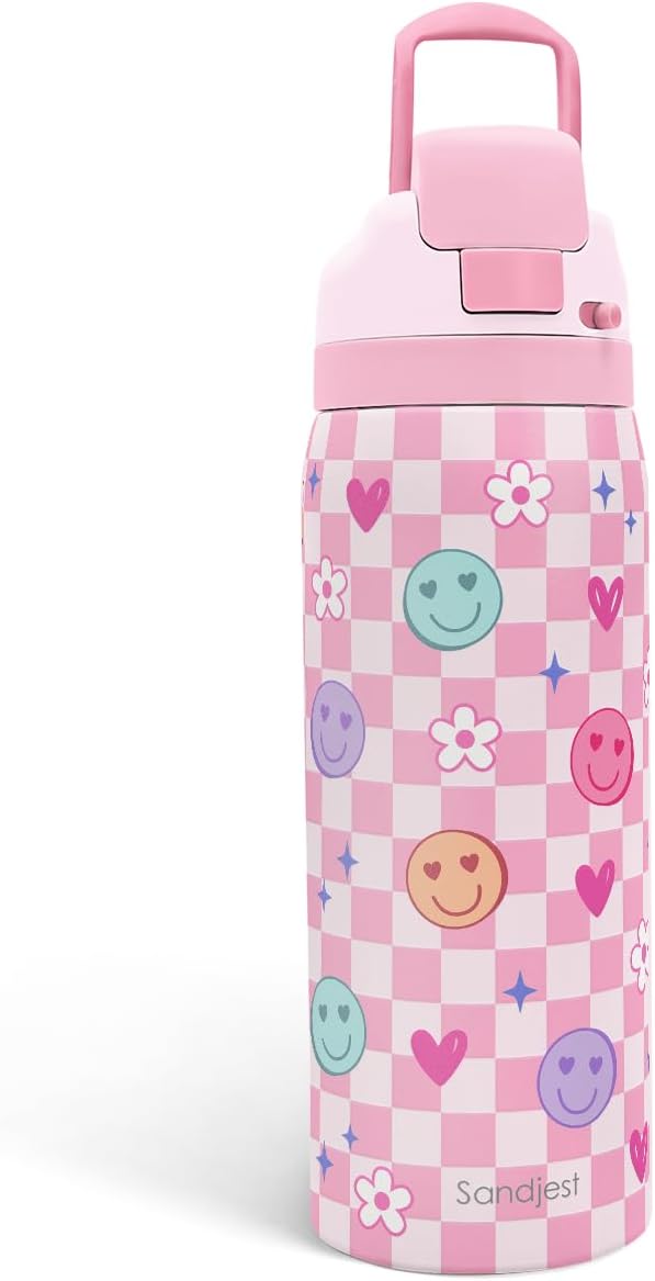 Checkered and Smiley Face Stainless Steel Water Bottle, Vacuum Insulated, Push-Button Lid, 32 oz, Gifts for Women Girls Friends Teens Birthday Christmas